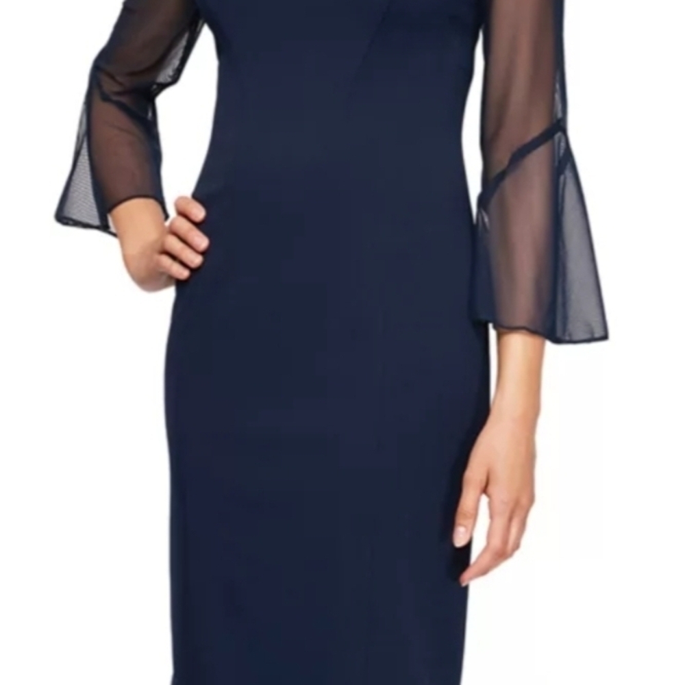 Alex Evenings Navy Sheath Dress with Sheer Bell Sleeves